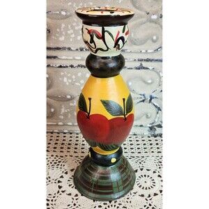 Colorful Folk Art Hand Painted Ceramic Taper Candlestick Holder Apple Theme